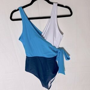 Women’s Navy Blue White Faux Wrap One Piece Swimsuit Bathing Suit S